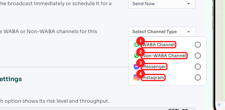 Step 9 — (1) WABA Channel, (2) Non-WABA Channel, (3) Messenger, (4) Instagram.