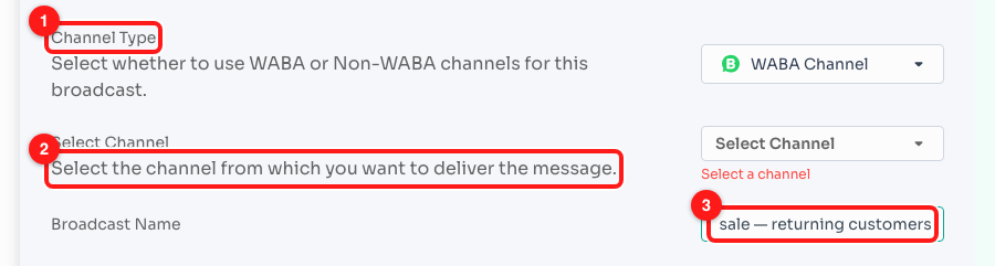 Step 10 — (1) Channel Type, now showing the type picked in Step 9, (2) the Select Channel row, still empty and carrying its red "Select a channel" warning, (3) the Broadcast Name field, renamed from its default.