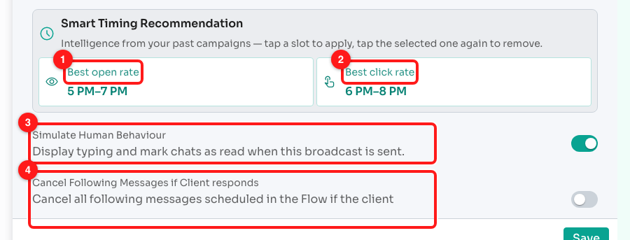 Step 13 — (1) the best open-rate window, (2) the best click-rate window, (3) Simulate Human Behaviour, (4) Cancel Following Messages if Client responds.