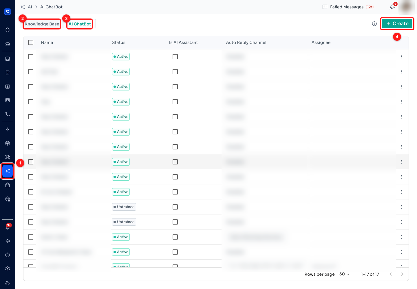 Step 1 — (1) the AI icon in the left rail, (2) the Knowledge Base tab — what your agents know, (3) the AI ChatBot tab — the agents themselves, (4) Create. Chatbot names, channels and assignees are blurred here; on your own screen you see them in full.
