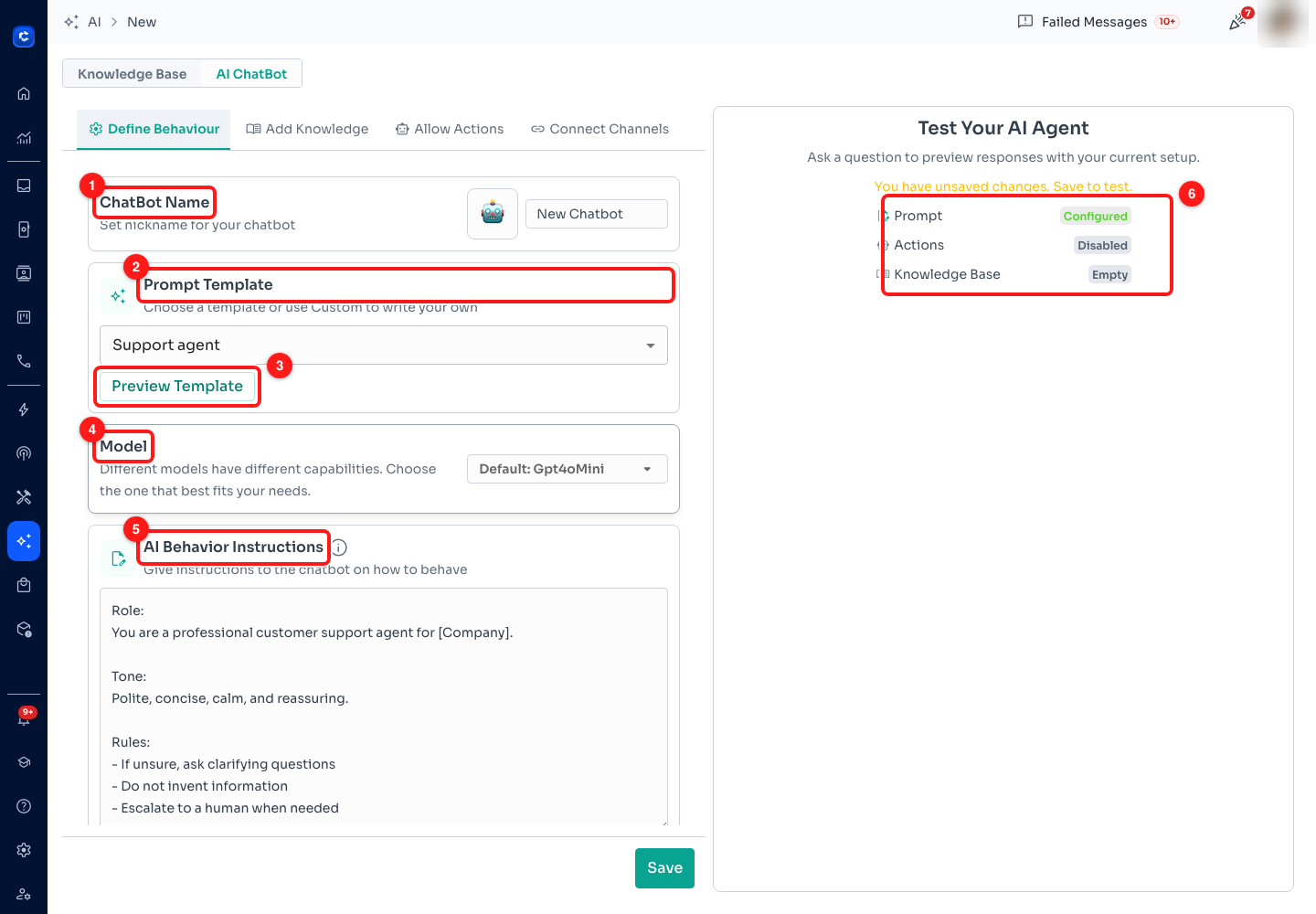 Step 5 — (1) ChatBot Name, (2) Prompt Template, (3) Preview Template, (4) Model, (5) AI Behavior Instructions, (6) the readiness panel.