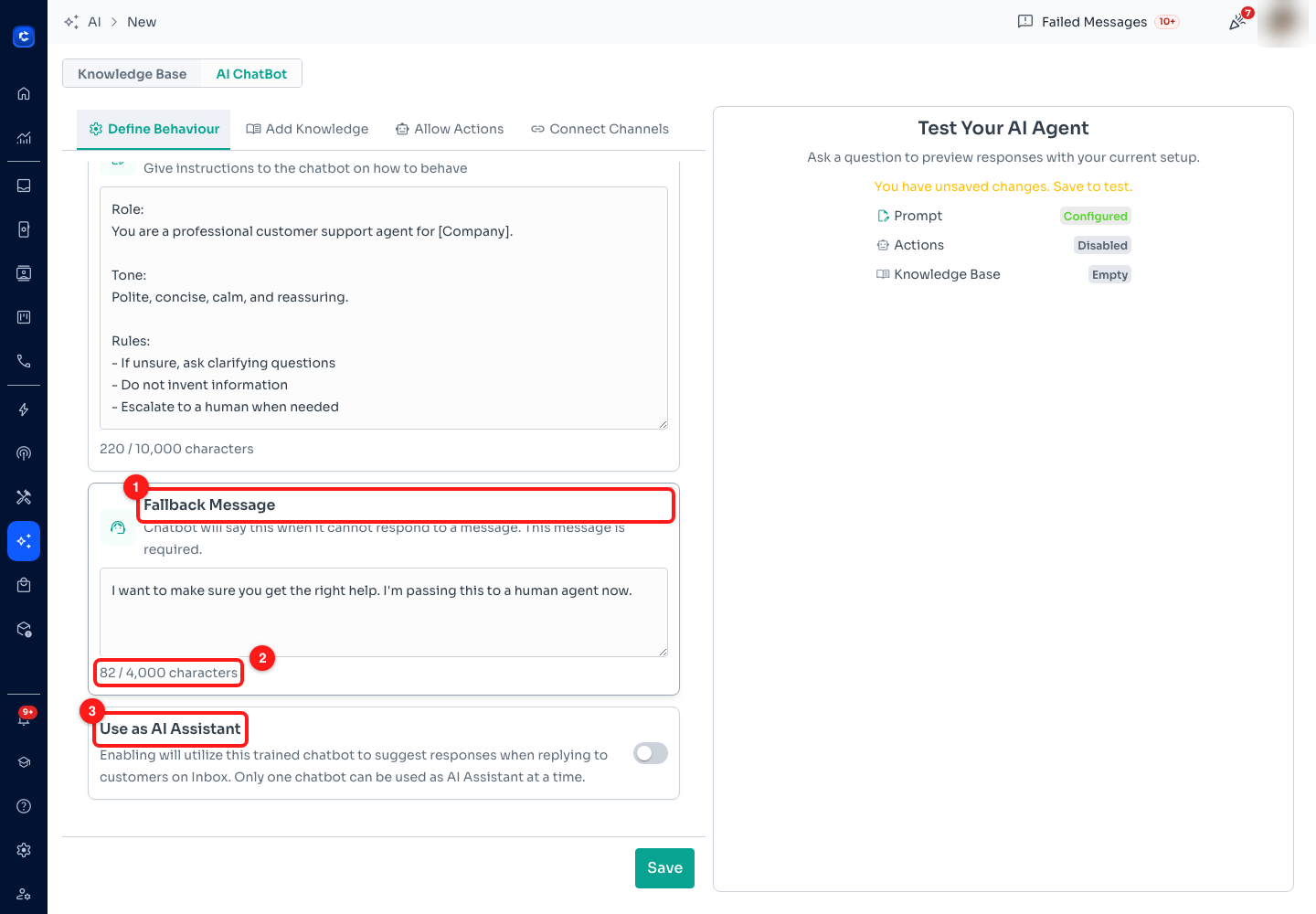 Step 6 — (1) Fallback Message, (2) the character counter, (3) Use as AI Assistant.