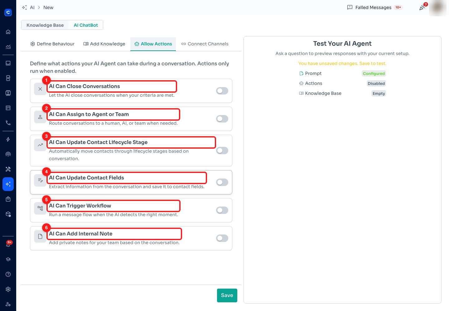 Step 8 — the six actions, all off by default: (1) Close Conversations, (2) Assign to Agent or Team, (3) Update Contact Lifecycle Stage, (4) Update Contact Fields, (5) Trigger Workflow, (6) Add Internal Note.