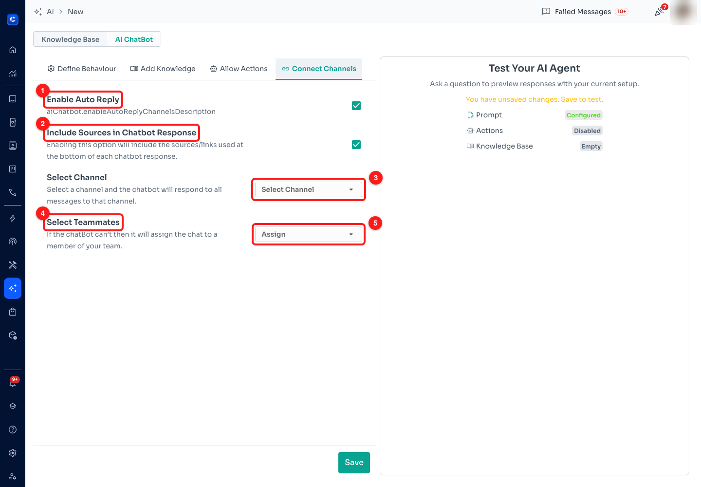 Step 9 — (1) Enable Auto Reply, (2) Include Sources in Chatbot Response, (3) Select Channel, (4) Select Teammates, (5) the Assign dropdown.