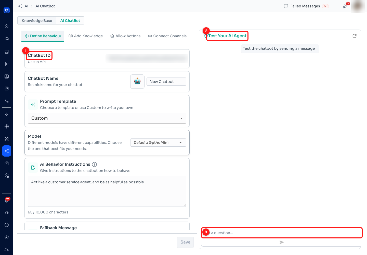 Step 10 — (1) ChatBot ID, blurred here, (2) the Test Your AI Agent panel, (3) the question box.