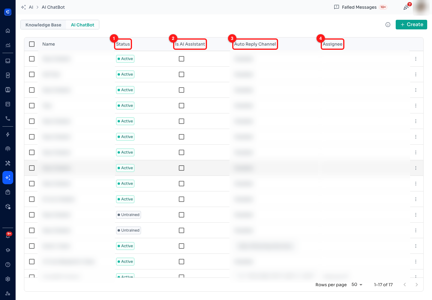 Step 11 — (1) Status, (2) Is AI Assistant, (3) Auto Reply Channel, (4) Assignee. Names and channels are blurred here.