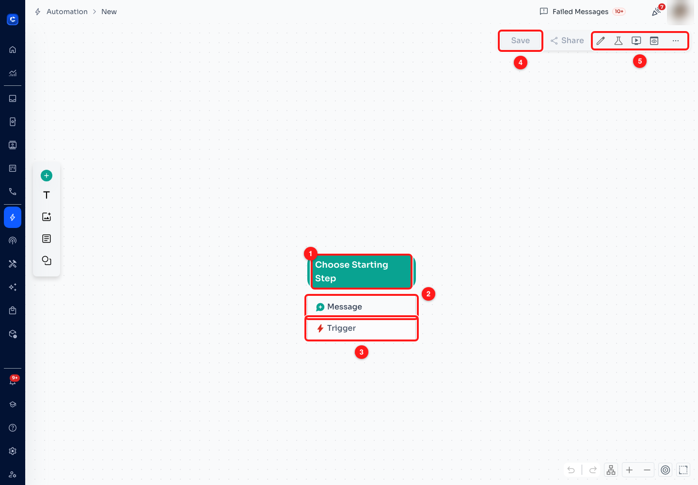Step 3 — (1) Choose Starting Step, (2) start with a Message, (3) start with a Trigger, (4) Save (greyed out until there is something to save), (5) edit details, test, demo preview, preview and the options menu.
