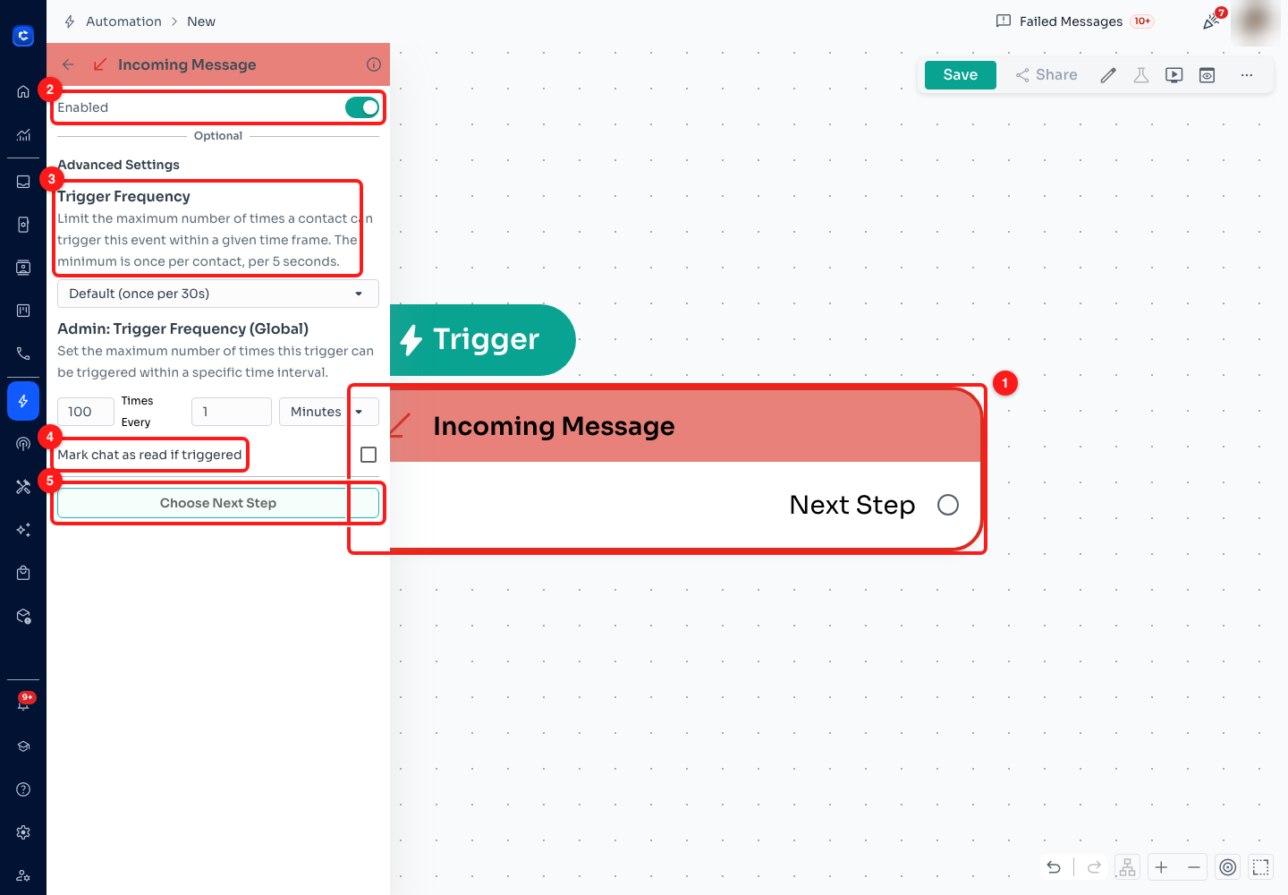 Step 5 — (1) the trigger node on the canvas, (2) the Enabled switch, (3) Trigger Frequency, (4) Mark chat as read if triggered, (5) Choose Next Step.