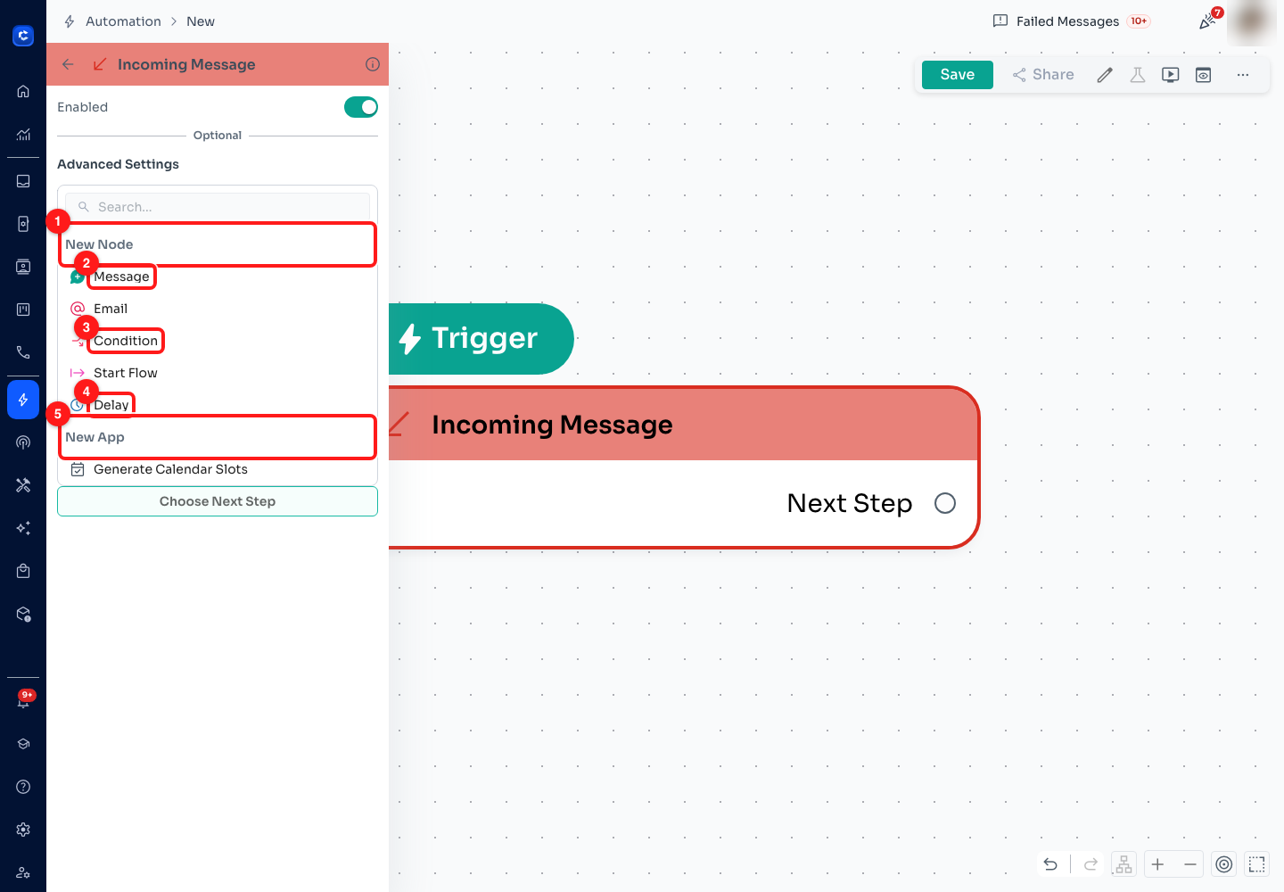 Step 6 — (1) the New Node section, (2) Message, (3) Condition, (4) Delay, (5) the New App section.