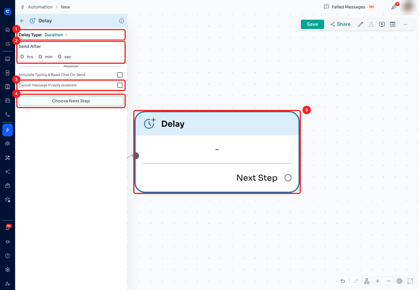Step 8 — (1) Delay Type, (2) Send After, in hours, minutes and seconds, (3) Cancel message if reply received, (4) Choose Next Step, (5) the delay as it appears on the canvas.