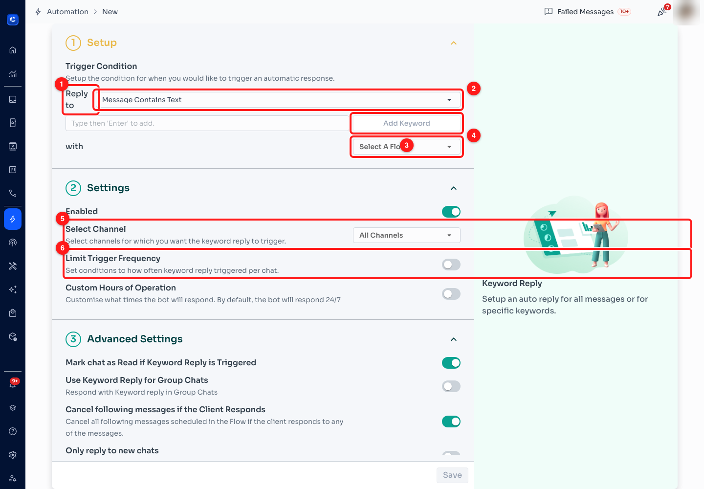 Step 10 — (1) Reply to, (2) the match condition, (3) the keyword box and Add Keyword, (4) the flow this rule answers with, (5) Select Channel, (6) Limit Trigger Frequency.