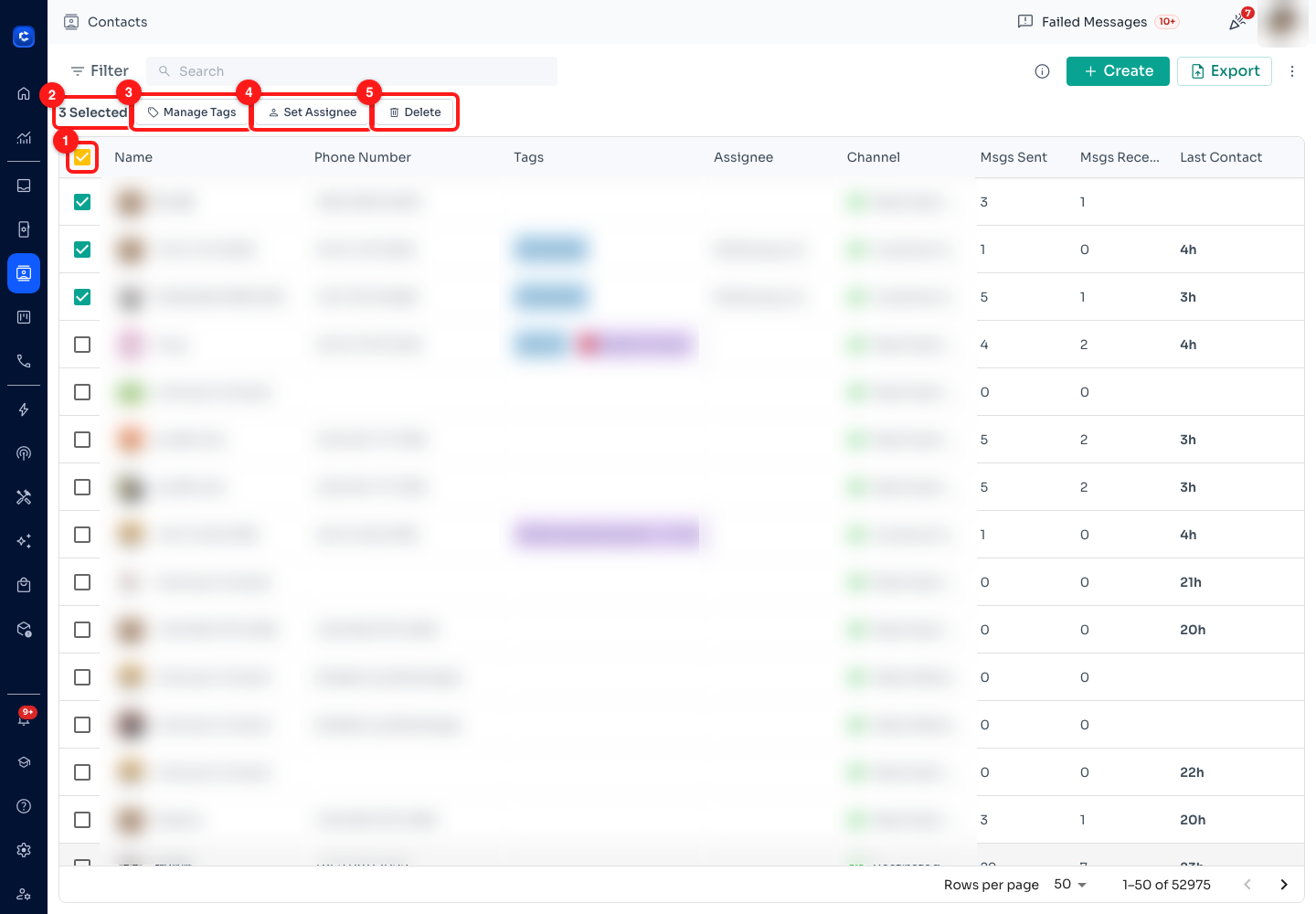 Step 4 — (1) the select-all checkbox in the header row, (2) the running count of what is selected, (3) Manage Tags, (4) Set Assignee, (5) Delete. Three rows were ticked by hand for this screenshot.