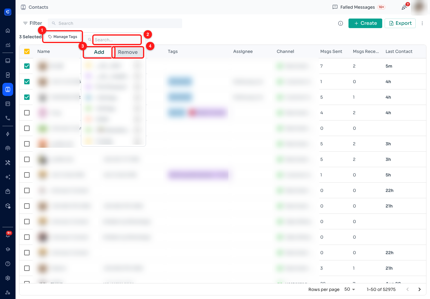 Step 5 — (1) Manage Tags, (2) the search field, (3) Add, (4) Remove. The tag list below is blurred because this workspace names tags after real clients. Nothing was ticked, so no contact was changed.