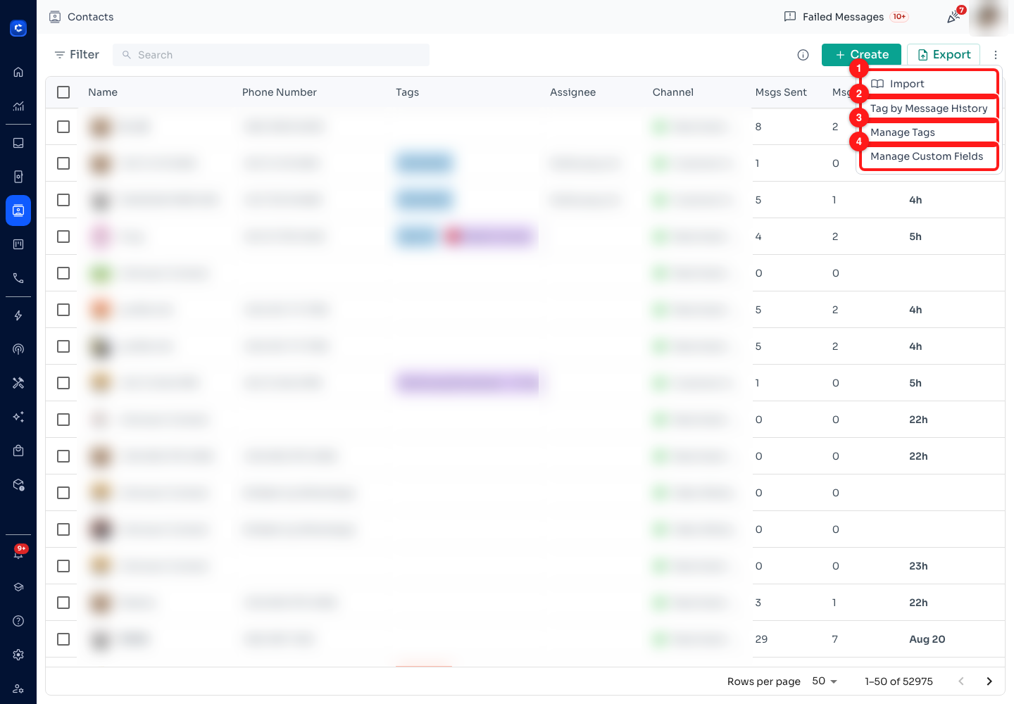 Step 6 — (1) Import, (2) Tag by Message History, (3) Manage Tags, (4) Manage Custom Fields.