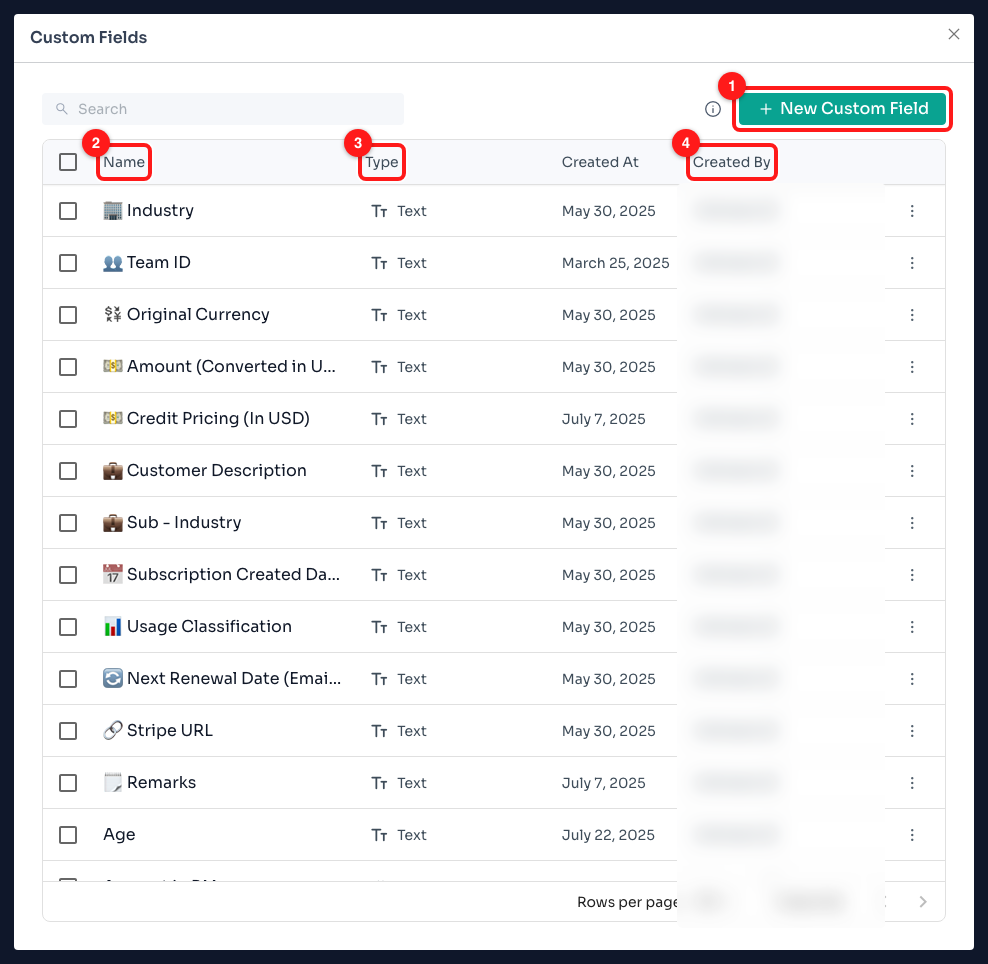 Step 10 — (1) New Custom Field, (2) the field name, (3) its type, (4) who created it (blurred; this workspace has 46 fields defined).