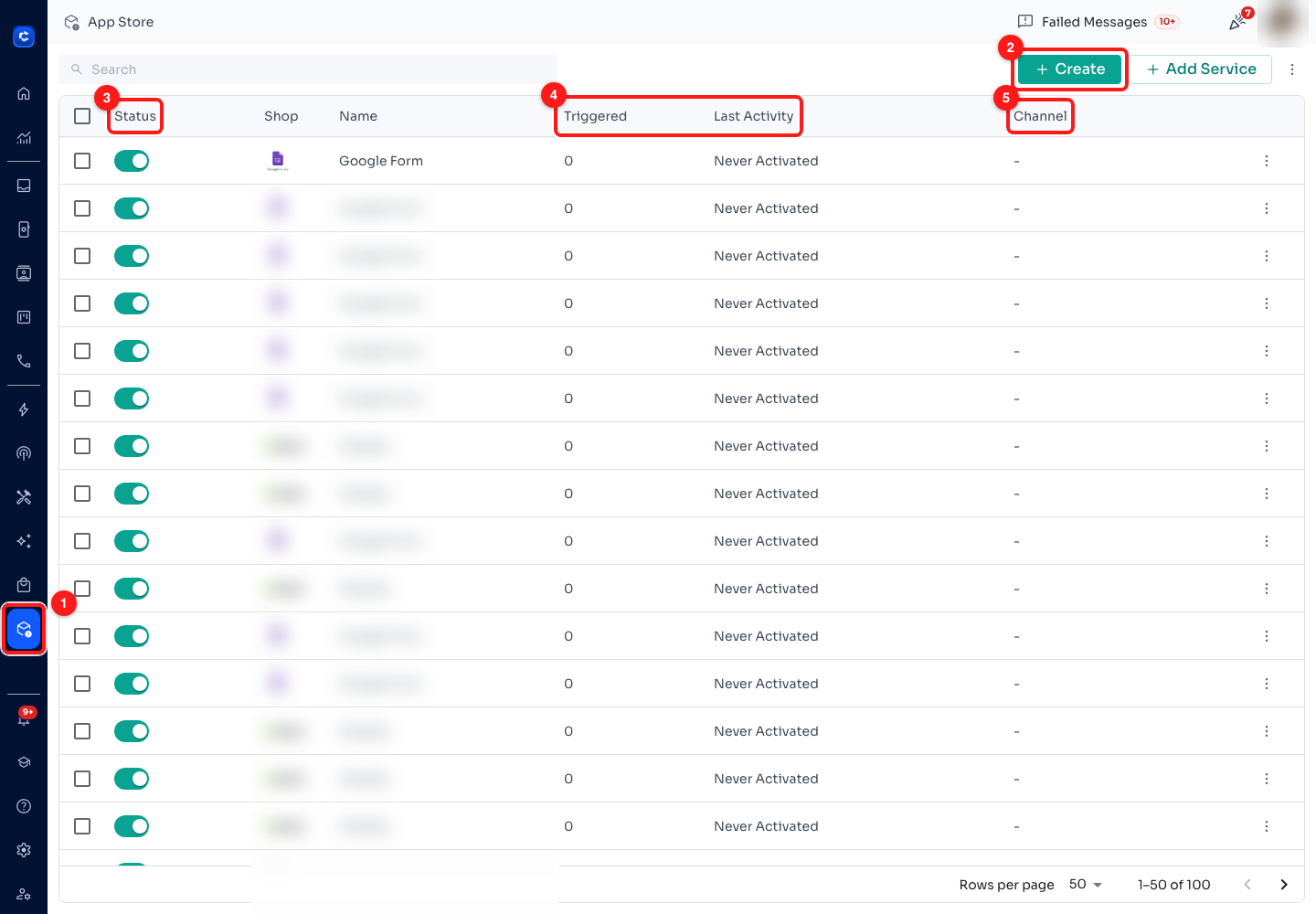 Step 1 — (1) App Store in the left rail, (2) + Create starts a new integration, (3) the on/off switch for each one, (4) Triggered and Last Activity, (5) which channel the messages go out from. Shop and Name are blurred here; on your own screen they name your stores.