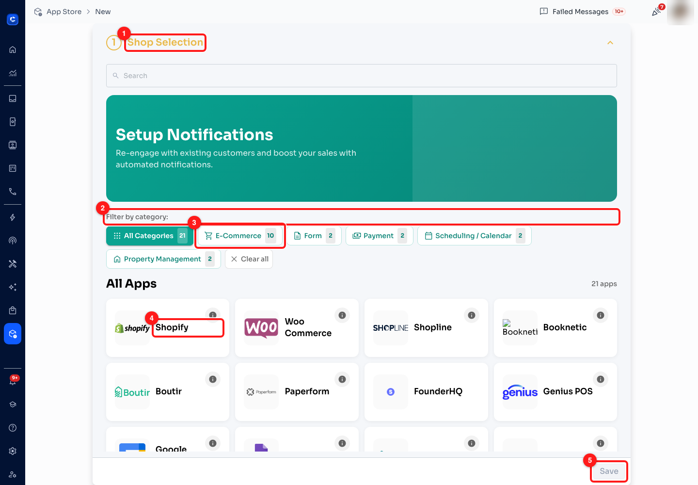 Step 2 — (1) Shop Selection, the first stage of the wizard, (2) the category filter, (3) E-Commerce, ten apps, (4) the Shopify tile, (5) Save, which creates the connection.