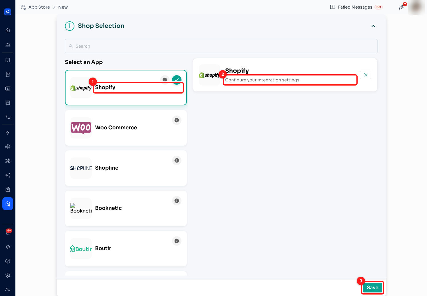 Step 4 — (1) the selected tile, ticked, (2) the configuration panel for that app, (3) Save. Saving creates the connection and takes you to its settings.
