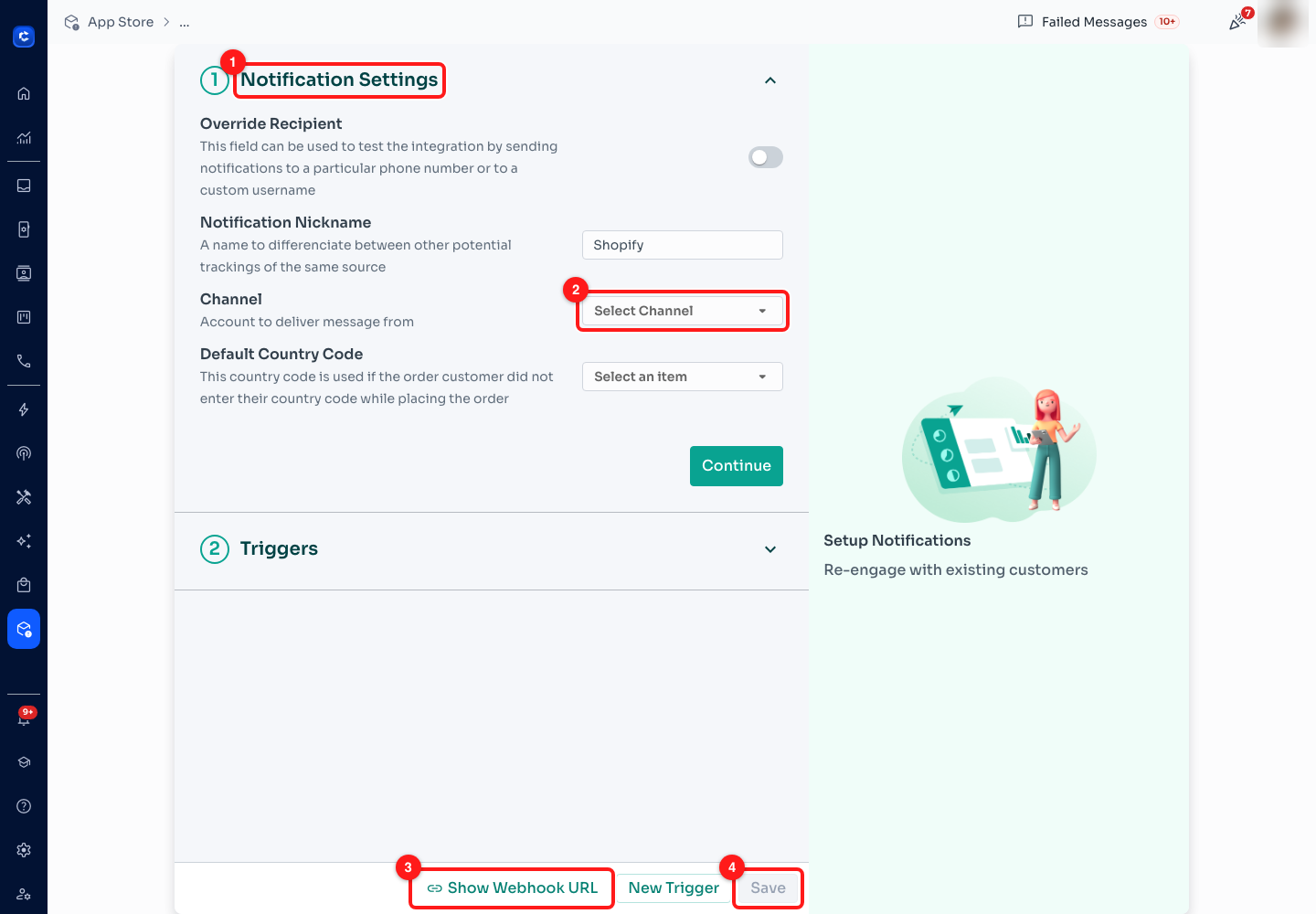 Step 6 — (1) Notification Settings, section one of two, (2) Channel, which must be set, (3) Show Webhook URL from Step 5, (4) Save.