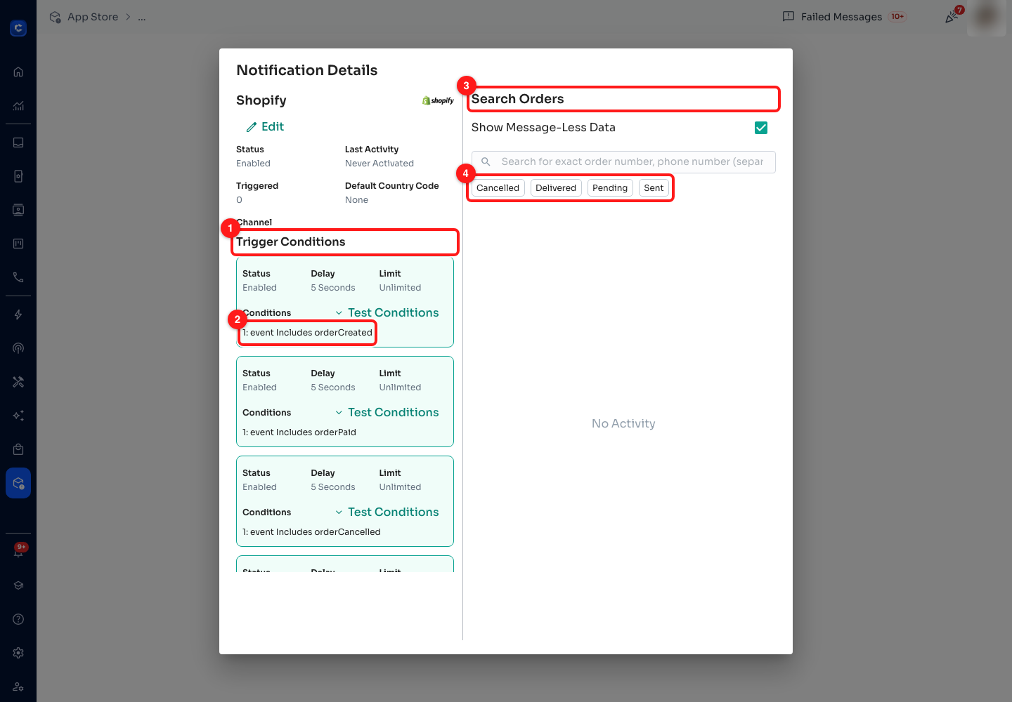 Step 9 — (1) Trigger Conditions, every trigger summarised, (2) the condition in plain words, (3) the order search, (4) filter the log by what happened to the message.