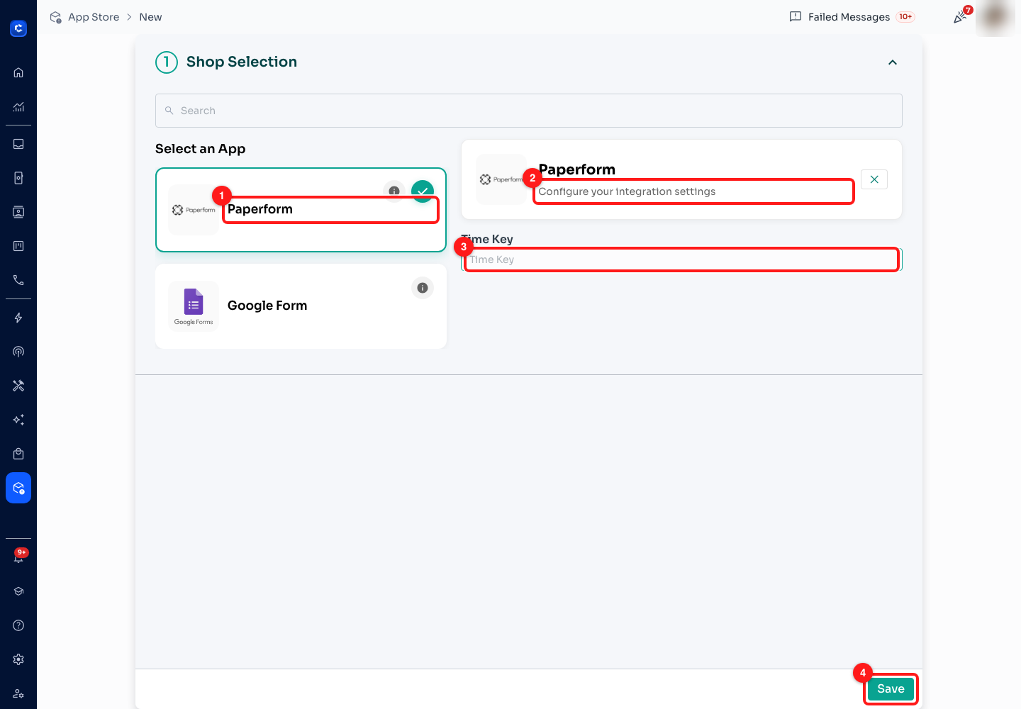 Step 10 — (1) Paperform, selected, (2) its configuration panel, (3) Time Key — the question ID of the appointment field, (4) Save.