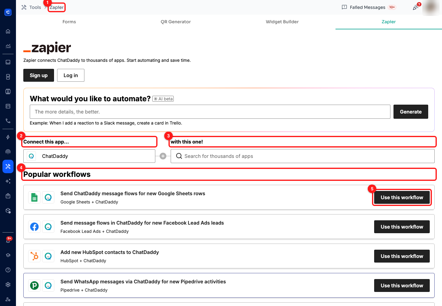 Step 11 — (1) the Zapier tab under Tools, (2) ChatDaddy, already filled in as one end of the Zap, (3) search for the app at the other end, (4) ready-made workflows, (5) Use this workflow opens one pre-configured.