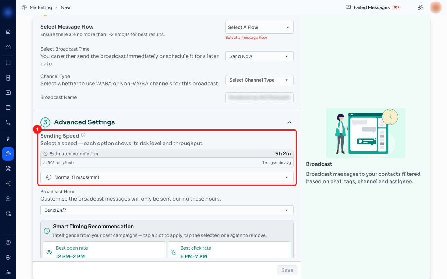 Step 1 — the Sending Speed block at the top of Advanced Settings (1).