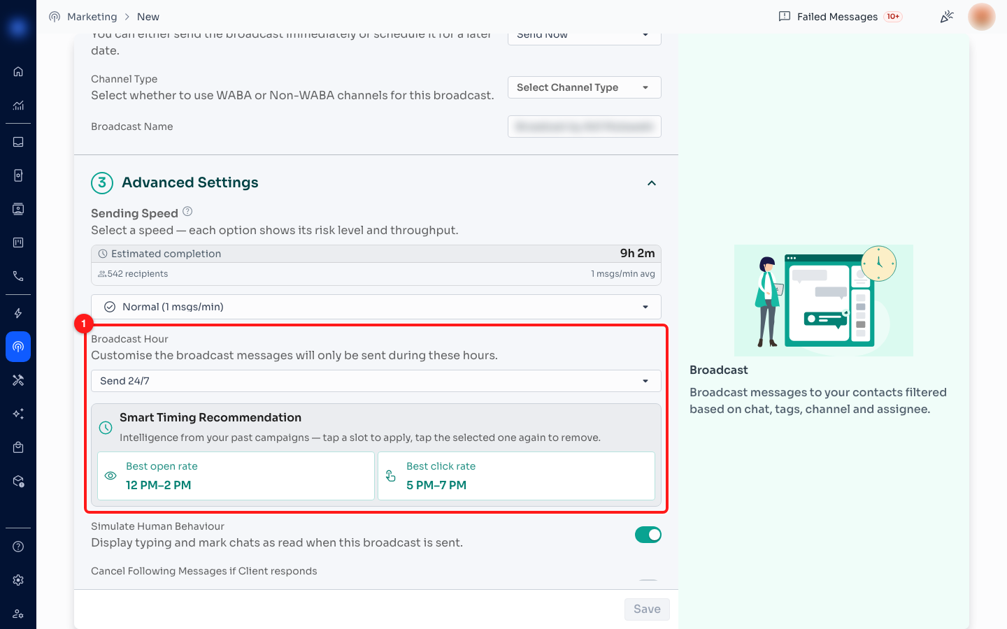 Step 4 — the Broadcast Hour dropdown and, below it, the Smart Timing card (1).