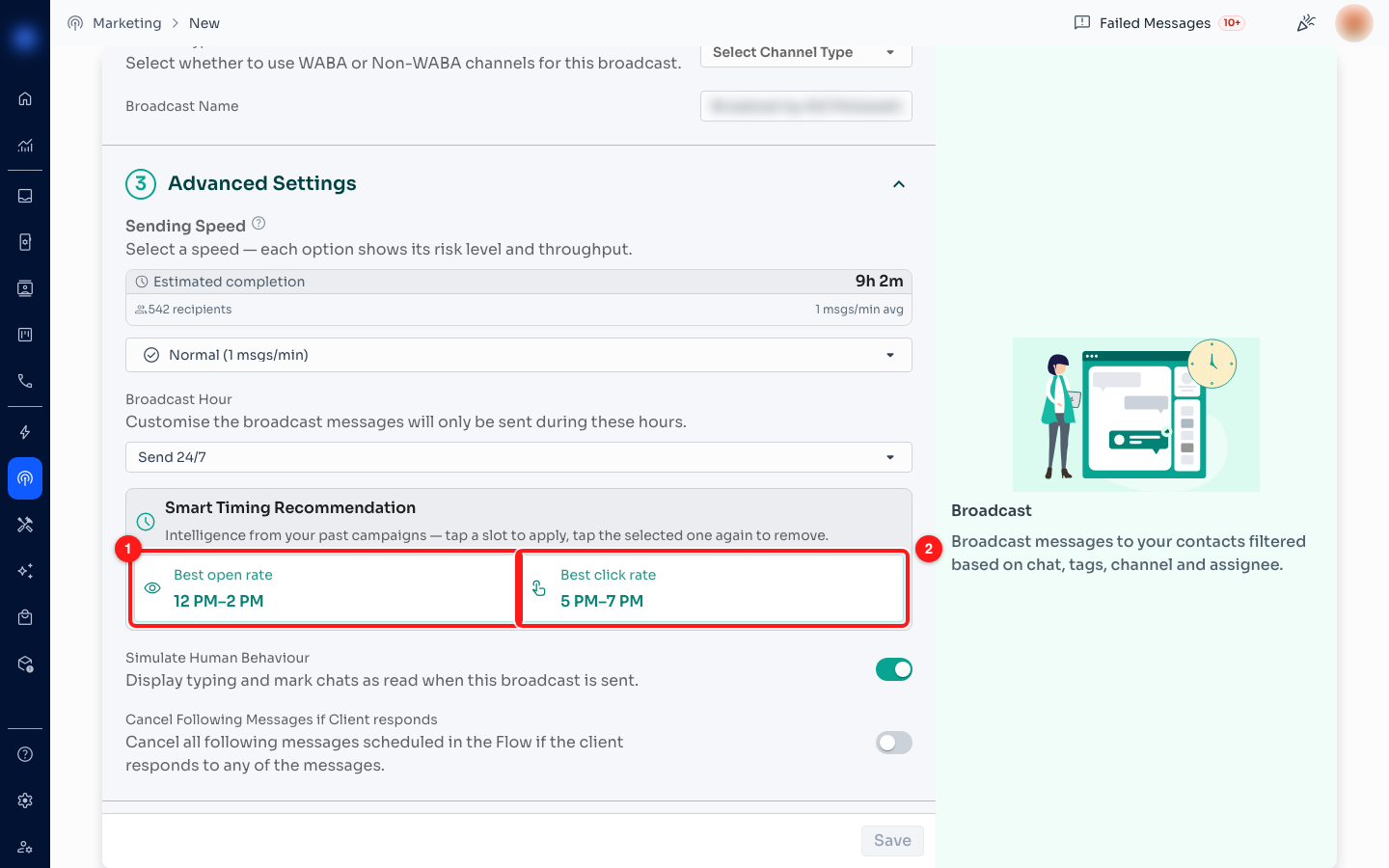 Step 5 — the Best open rate slot (1) and the Best click rate slot (2). The selected one fills in solid.