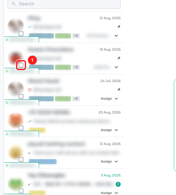 Step 1 — the checkbox (1) sits on the corner of each chat’s profile picture and only appears when you hover the row.