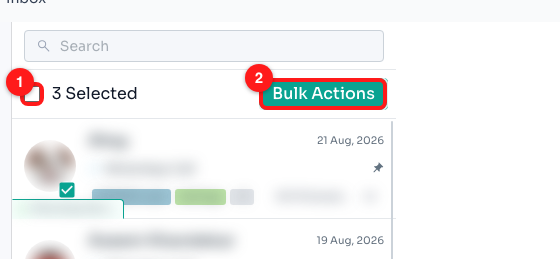 Step 2 — the select-all checkbox (1) and the green Bulk Actions button (2), with the running count between them.