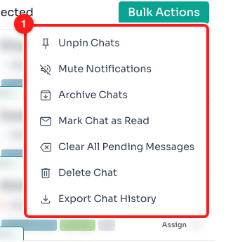 Step 3 — the full Bulk Actions menu (1). The first item reads “Unpin Chats” here because all three selected chats were already pinned.