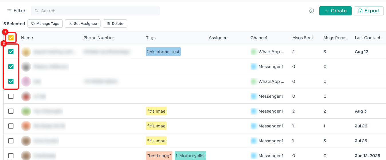 Step 1 — the header tickbox selects everything matching your filters (1); the row tickboxes select individual contacts (2).