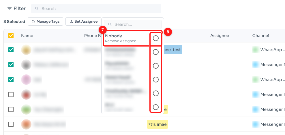 Step 4 — “Nobody” clears the assignee (7); the circle on the right of a row is what selects a teammate (8).