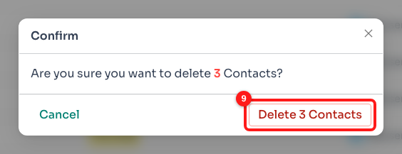 Step 5 — the confirmation repeats the count, and so does the button (9).