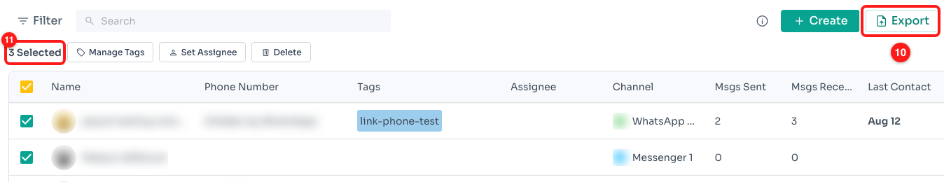 Step 6 — Export sits in the page header (10) and works on whatever the selection bar currently holds (11).