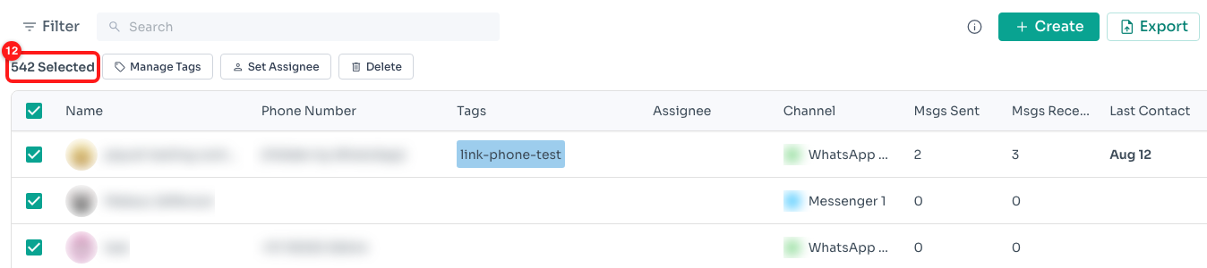 The header tickbox selected all 542 contacts, not the 50 rows on screen (12).