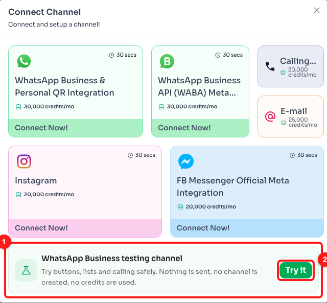 Step 1 — the testing channel card at the bottom of Connect Channel (1) and its Try it button (2).