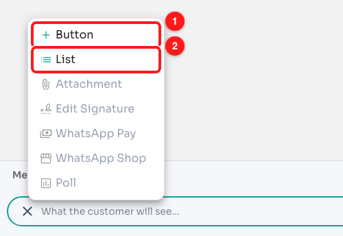 Step 2 — Button (1) and List (2) in the “+” menu. The greyed items below are demo-only in the testing channel.