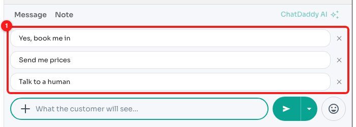 Step 3 — three reply buttons attached to the draft (1).