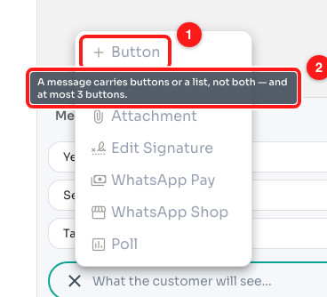 Step 4 — Button is disabled at three (1) and gives the reason on hover (2).