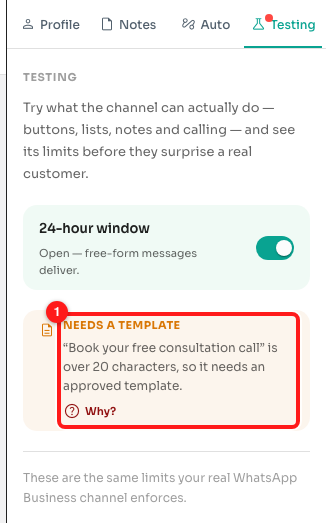 Step 6 — a 32-character button title is deliverable only inside an approved template (1). Click Why? for the full explanation.
