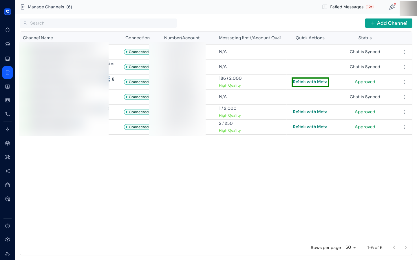 Manage Channels — click Relink with Meta in the Quick Actions column
