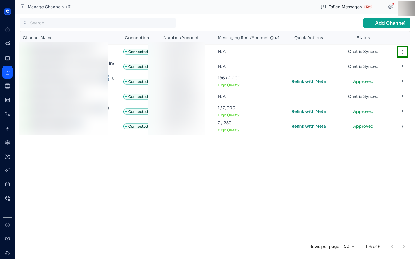 Manage Channels — click the ⋮ menu on the disconnected channel