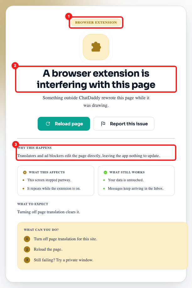Step 1 — the Browser extension badge (1), the heading (2) and the Why this happens line (3) together identify this card.