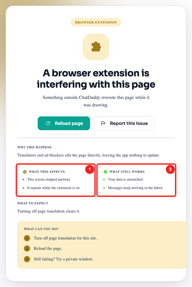 Step 2 — What this affects (1) and What still works (2).