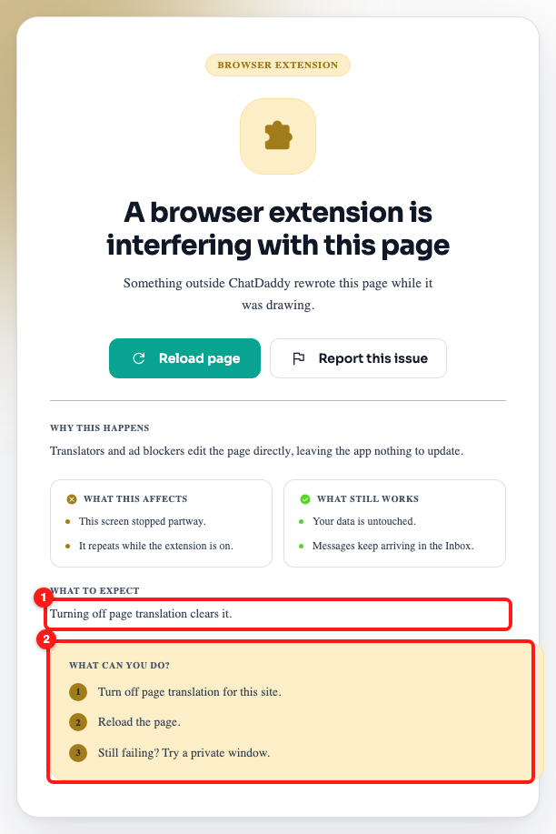 Step 3 — What to expect (1) and the three numbered fixes under What can you do? (2).