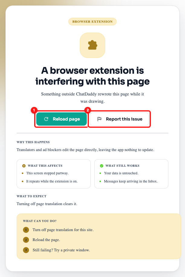 Step 4 — Reload page (1) and Report this issue (2).