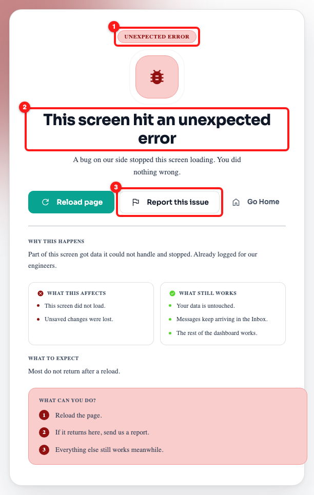 A different card: the Unexpected error badge (1), its heading (2) and the Report this issue button (3).