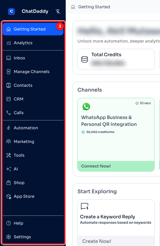 Step 3 — hovering over the navigation bar (3) opens it and reveals the page names.